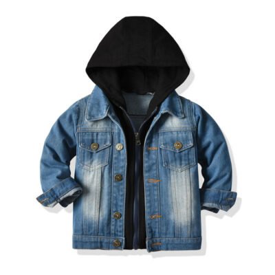 Veste en jean synthétique deux pièces pour enfant, haut décontracté à capuche tendance
